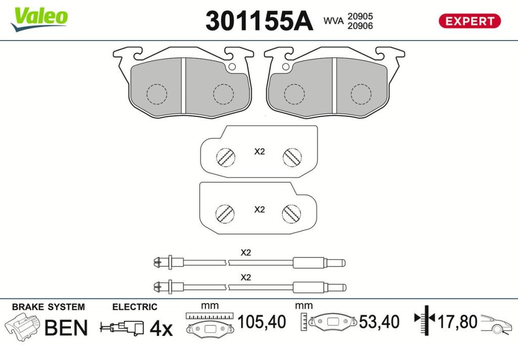 Jeu de 4 plaquettes de frein VALEO 301155A